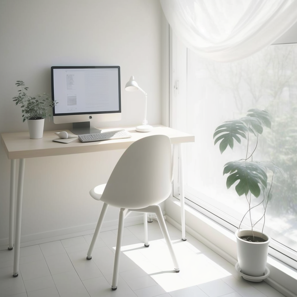 počítač, stůl, židle, klávesnice a výhled na pracovnu